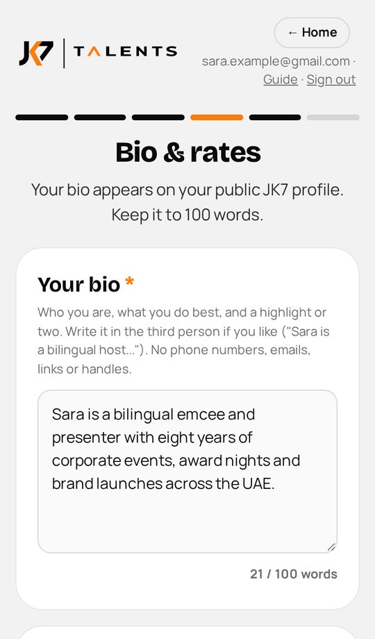 The Bio & rates screen